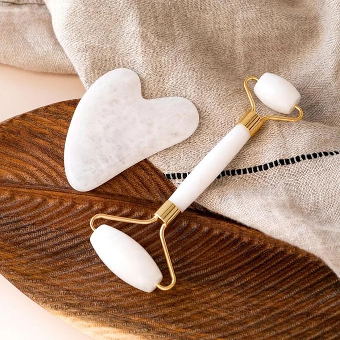 Gua Sha and Jade Roller Set for Facial Massage – Skin Care Tools to Reduce Puffiness and Redness, Perfect Self-Care Gift for Men and Women (White)