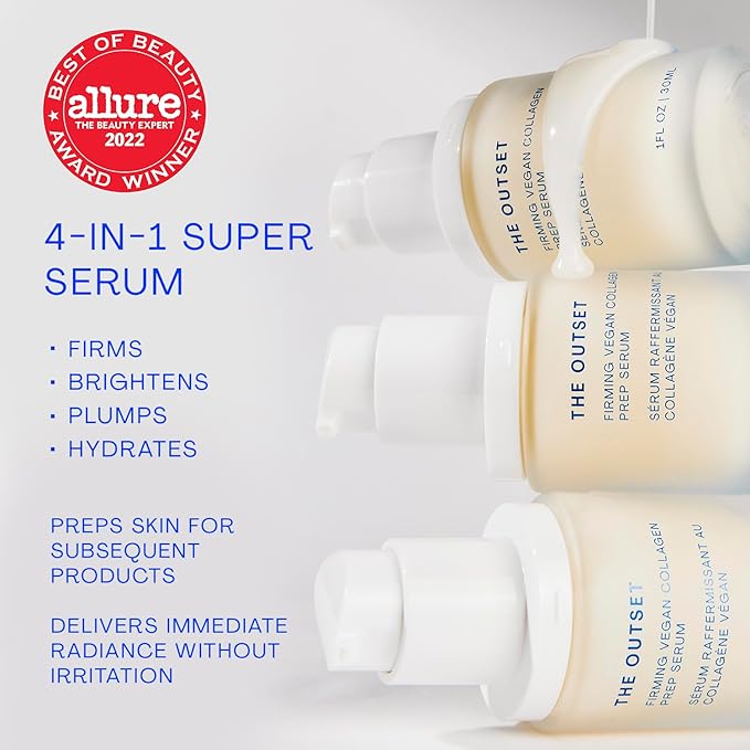 The Outset Firming Vegan Collagen Prep Serum - Gentle, Fragrance Free Multi-Benefit Serum - Hydrating, Brightening, Plumping and Anti-Aging - Clean, Vegan, Gluten Free - All Skin Types - 1 fl oz