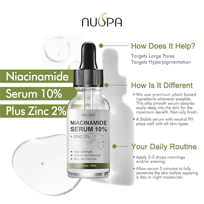 Niacinamide Serum 10% Plus Zinc 2% for Face Skin Care Vitamin B3 Facial Serum with Hyaluronic Acid for Acne Pore Reducer Treatment