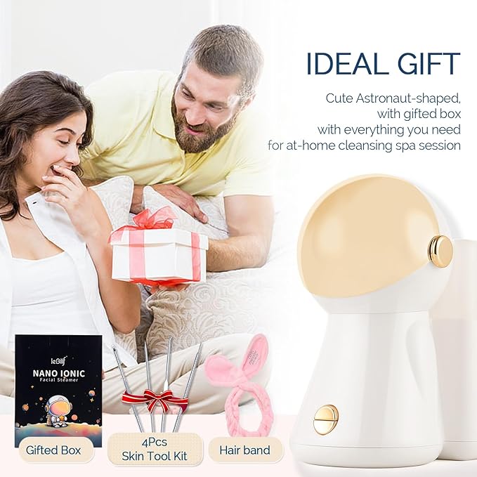 Facial Steamer,with 7 Colors Led Light,Face Steamer for Facial Deep Cleaning,Warm Mist Nano Ionic Steamer for face,Steam Humidifier,Facial Steamers Home Facial spa, Gift for Women（Gold with Light）