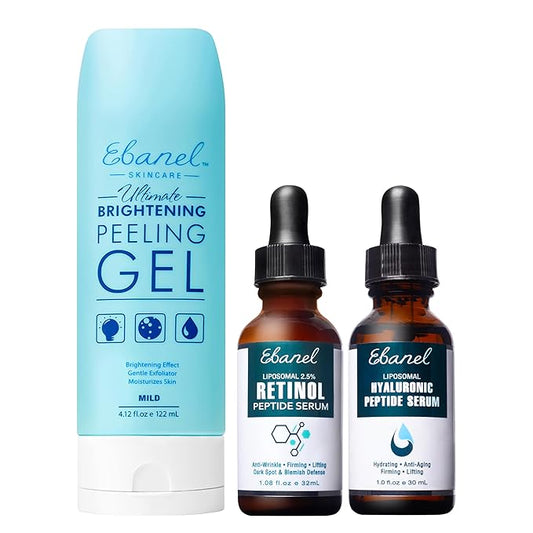 Ebanel Bundle of 2.5% Retinol Serum, Hyaluronic Acid Serum, and Exfoliating Face Scrub Peeling Gel 4.12 Oz