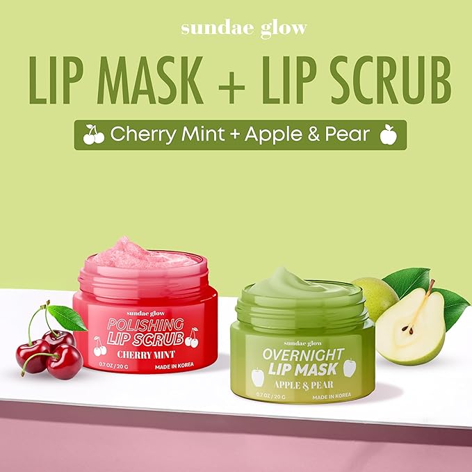 Apple, Pear, Cherry & Mint Lip Mask and Scrub - Dermatologist Tested, Hydrating & Exfoliating, Korean Skin Care, Nourishes, Softens & Brightens Lips - Vegan & Natural - 1 Pack
