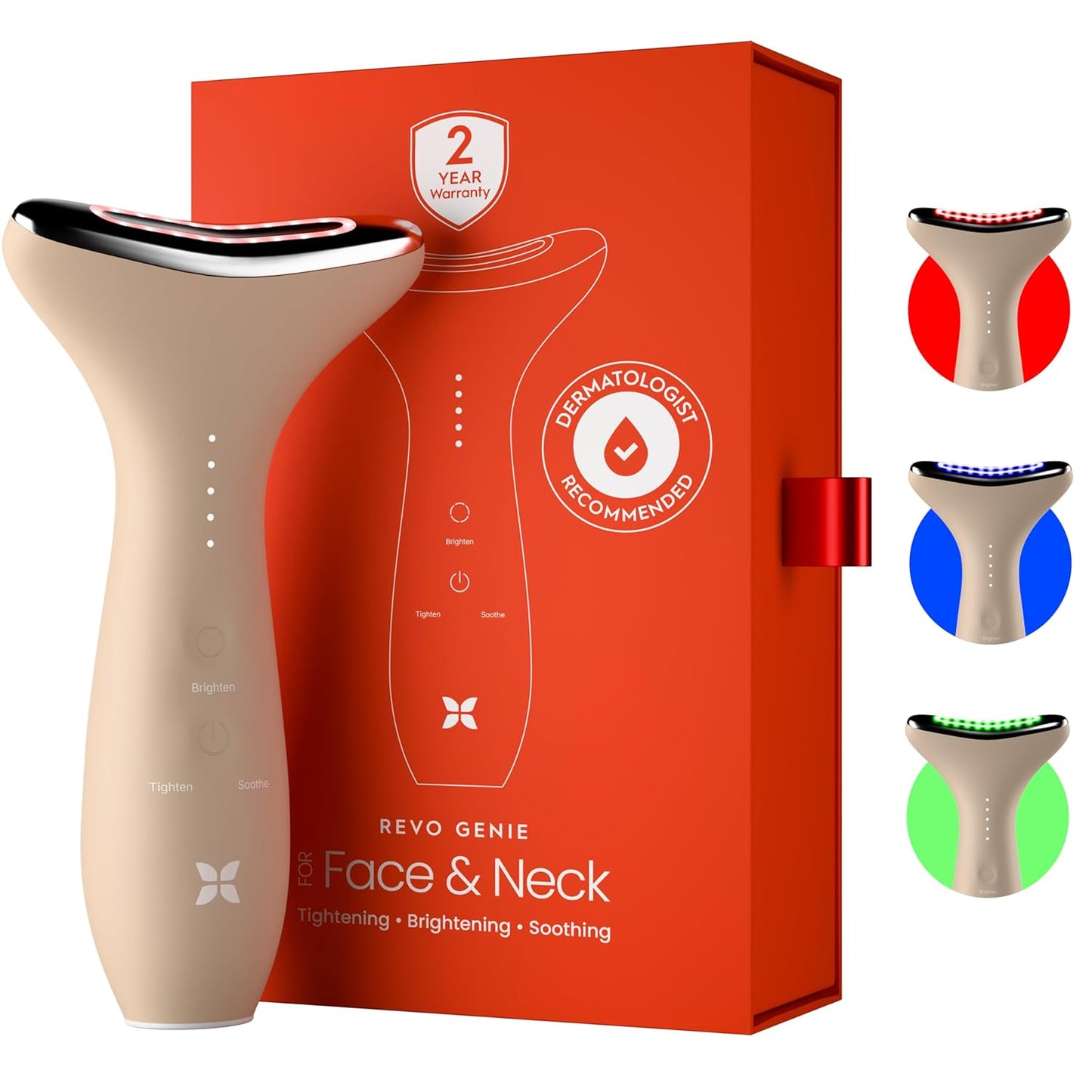 REVO Genie | Face & Neck Beauty Massager with Ultra Powerful LEDs for Wrinkles, Fine Lines, Puffy Skin, Uneven Skin Tone, Lymphatic Drainage, Lifting & Firming Facial Sculpting Tool with Light Therapy