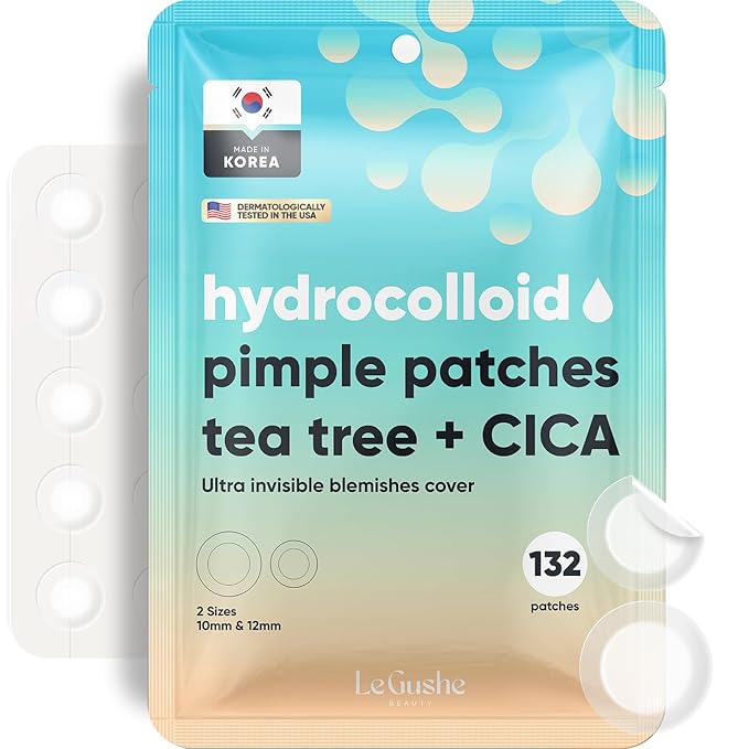 LE GUSHE Korean Pimple Patches for Face (132 Dots) - Hydrocolloid Acne Patches with Tea Tree Oil - Invisible Zit Stickers - Dermatologist Tested - Korean Skin Care