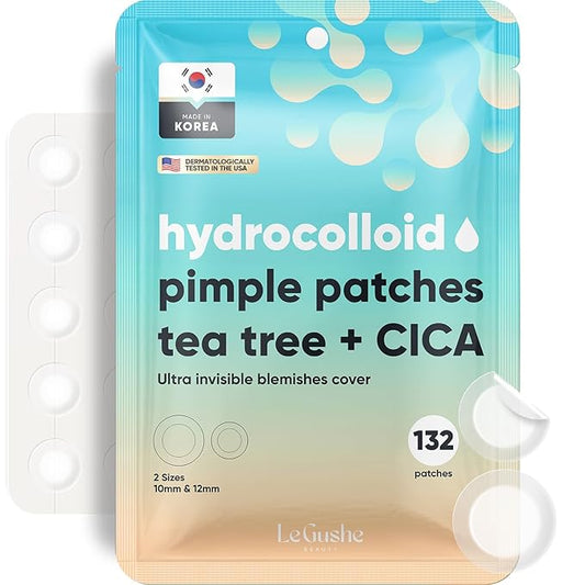 LE GUSHE Korean Pimple Patches for Face (132 Dots) - Hydrocolloid Acne Patches with Tea Tree Oil - Invisible Zit Stickers - Dermatologist Tested - Korean Skin Care
