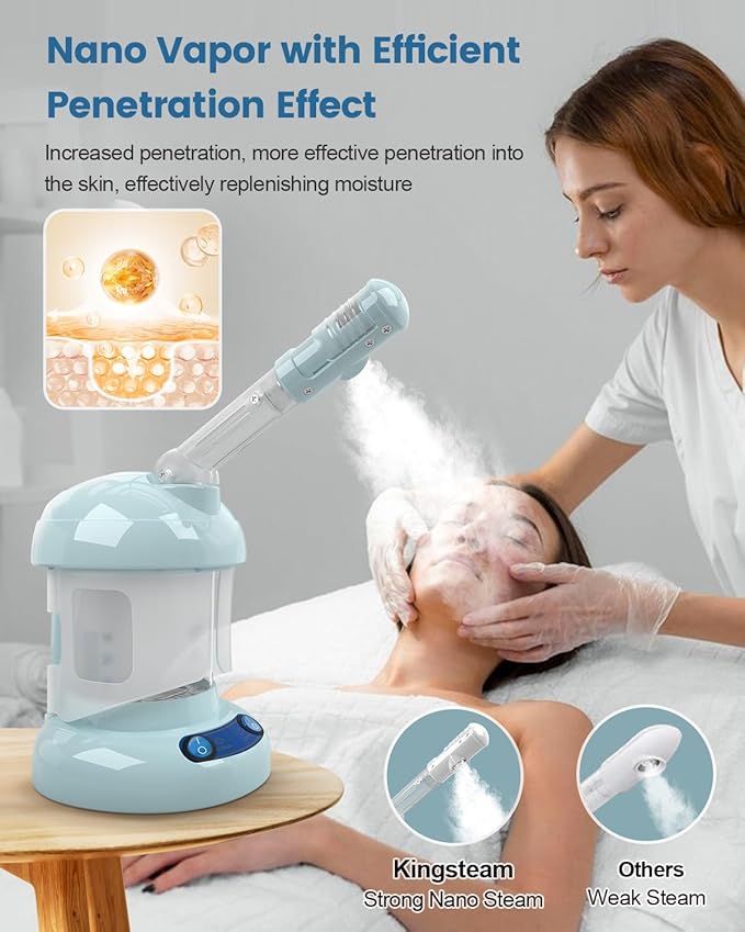 Kingsteam Tabletop Facial Steamer - Ozone Steamer with 360° Rotatable Arm - Professional Nano Ionic Facial Steamer for Deep Cleaning - Portable for Personal Care Use at Home or Salon, Blue