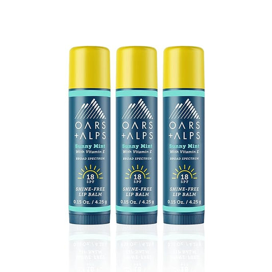 Oars + Alps Lip Suncreen, SPF 18 Lip Balm, Shine Free Sunscreen for Lips, Infused with Vitamin E, Peppermint & Spearmint, Water & Sweat Resistant, Moisturizing, Hydrating, Sunny Mint Scent, 3pk