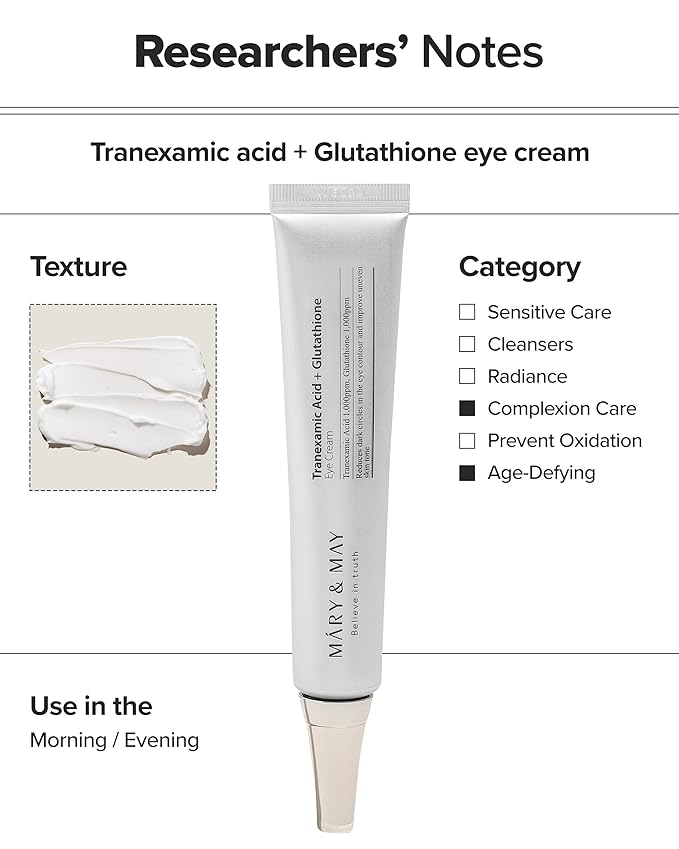 Mary&May Tranexamic Acid + Glutathione Eye Cream - Powerful Antioxidant, Reduces Dark Circles in the Eye, Improve Uneven Skin Tone with Vitamin C - Suitable for Morning and Night Use, 1.01 oz.