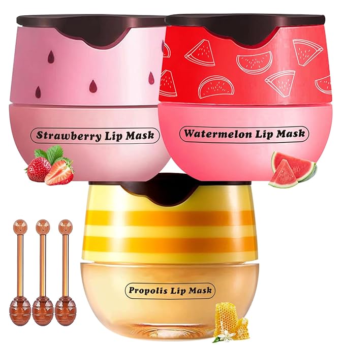 Honey Lip Balm Pot, 3 Pcs Honey & Strawberry & Watermelon Lip Mask Propolis Lip Mask Moisturizing Hydrating Prevention Dry and Cracked Lip Scrubs Exfoliator