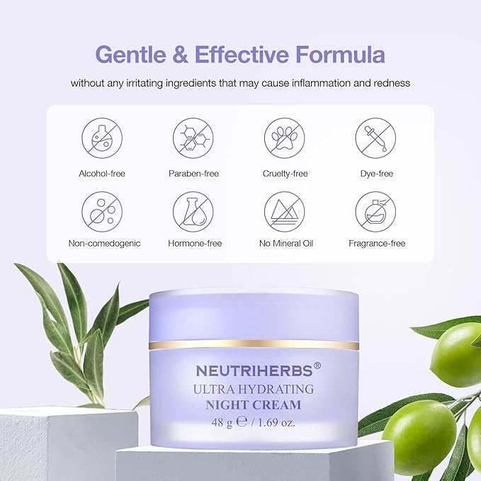 Neutriherbs Ultra Hydrating Night Cream, Face Moisturizer with Jojoba Oil, Ceramide, Squalane, Overnight Face Cream for Dry,Dehydrated Skin,Deep Nourish Hydrated Skin - 1.69oz