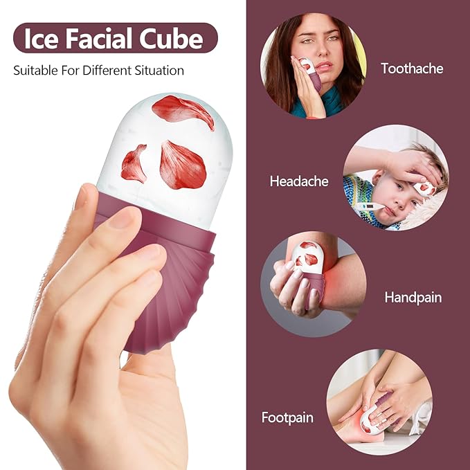 Ice Roller for Face and Eye, Silicone Ice Facial Roller Ice Holder, Face Ice Mold Skin Care, Face Icers Reusable Ice Cube Roller for Shrink Pores Anti Wrinkle Reduce Puffiness, Rose
