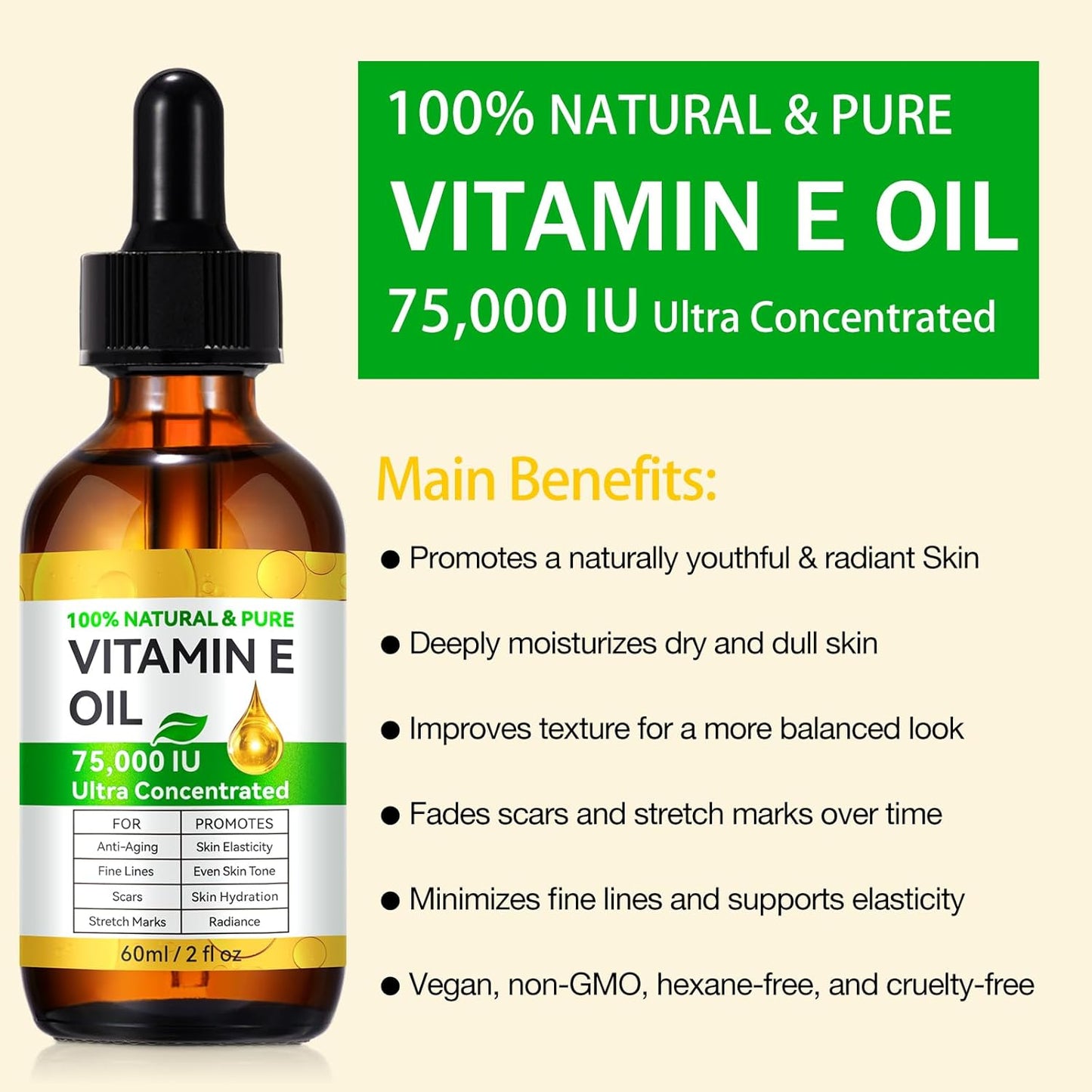 Essential Vitamin E Oil for Skin,Face,75000 IU Pure Vitamin E Body Oil for Women Girls 2 Oz