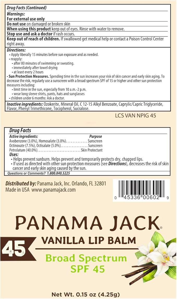 Panama Jack Sunscreen Lip Balm - SPF 45, Flavor Pack, Broad Spectrum UVA-UVB Sunscreen Protection, Prevents & Soothes Dry, Chapped Lips (5 Pack)
