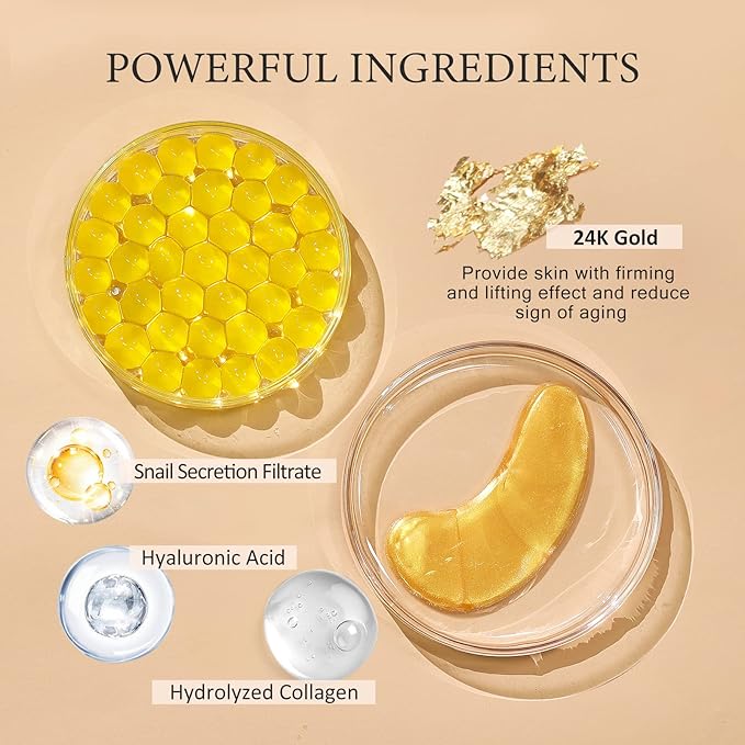 Under Eye Patchs 24k Gold Eye Mask and Hyaluronic Acid and Rose for Dark Circles and Puffiness Wrinkle Eye Bags 30 Pairs