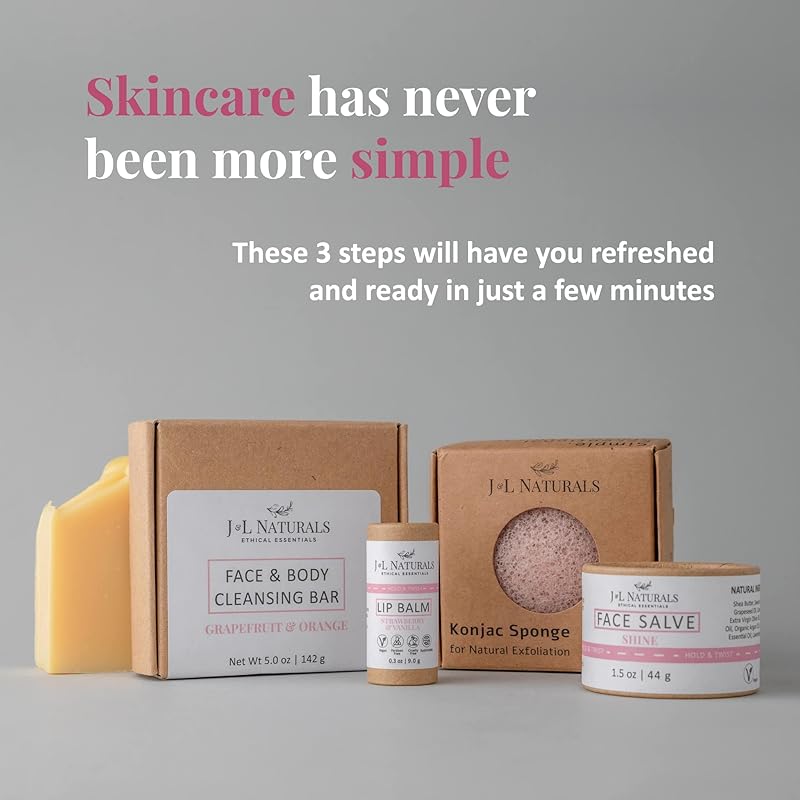 J&L Naturals Simple Skin Regimen Kit With Cleansing Bar, Face Salve, Konjac Sponge, Lip Balm | For Oily, Dry, Mature, and Combination Skin | Zero Waste (Shine (normal, dull skin), Simple)