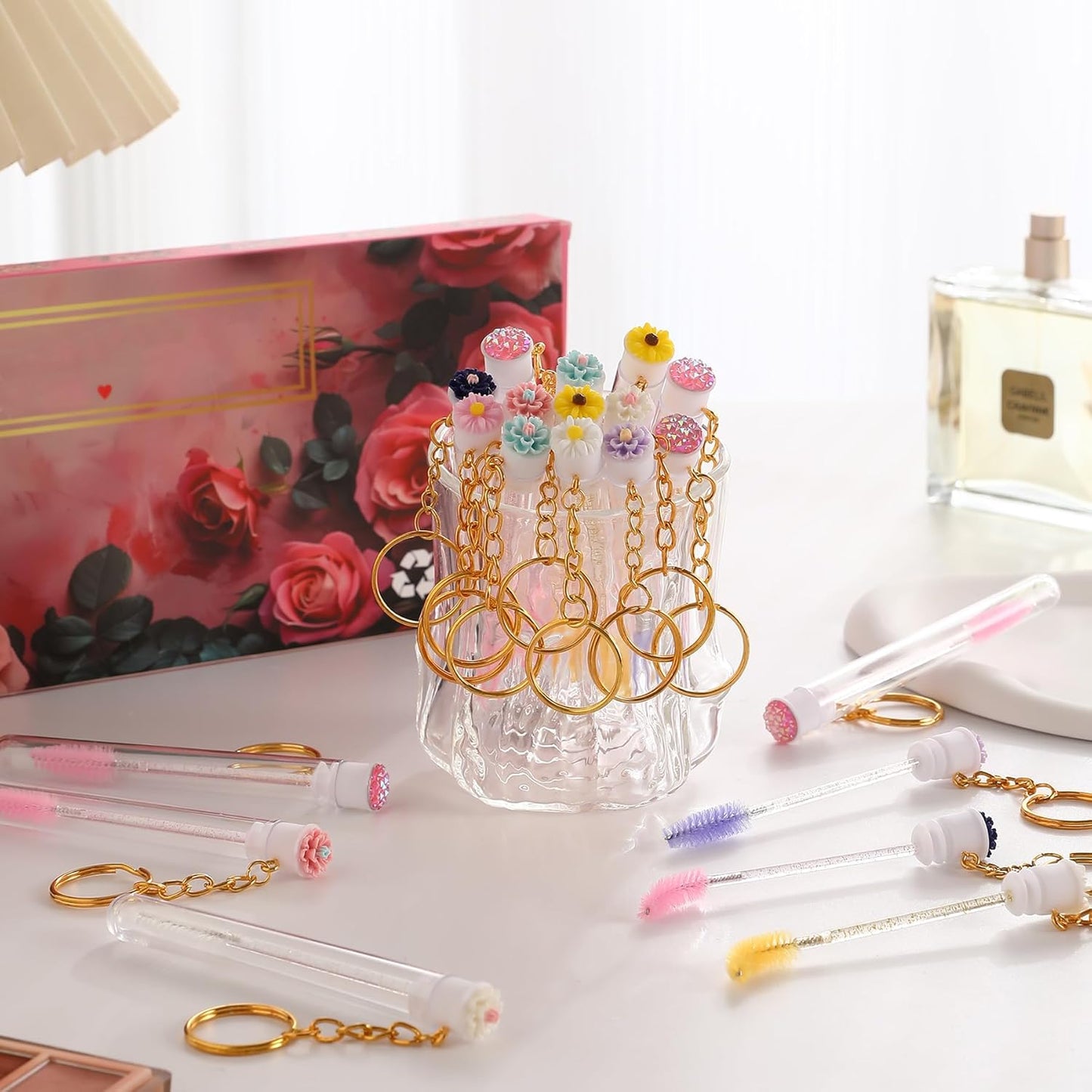 Upgrade 48 Pieces Disposable Mascara Wands Set,Include 24 Pcs Crystal Lash Spoolies Brush 24 Pcs Reusable Keychain Empty Eyelash Brush Tubes Christmas Holiday Gift Women Girls