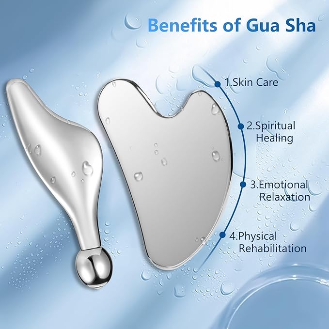 Stainless Steel Gua Sha Facial Tools Guasha for Face Metal Gua Sha Tighten Skin Massage,Guasha Beauty Tool Manual Massage Sticks for Jawline Sculpting,Puffiness Reducing and Body Massager