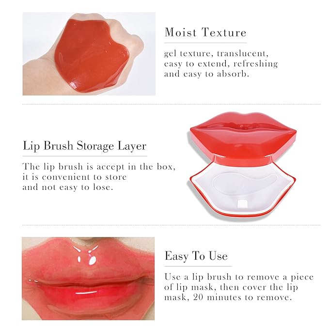 20Pcs Lip Mask Sheet,Red Cherry Moisturizing Plumping Lip Patches, Gel Treatment Lip Masks for Dry Lips Plump Lip Collagen Overnight Sleeping Lip Pads Patches（Red）