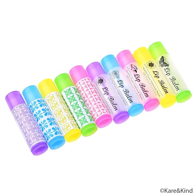 Kare & Kind DIY Lip Balm Container Tubes - 50-Pack (10x5 Colors) - Including 50 Writeable & Printed Lip Balm Stickers - Twist Mechanism and a Cap - 3/16 Oz (5.5 ml) - Moisturizing
