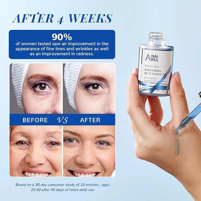 ANAI RUI Bakuchiol Blue Tansy Night-Repair Facial Oil Natural Retinol Alternative + Squalane Jojoba, for Deep Wrinkles & Fine Lines Soothing,Calm & Soothe Redness,Hydrating, Balancing, 1 FL.OZ