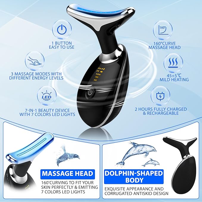 Facial Massager Face and Neck, Red Light Therapy for Face and Neck, Facial Skin Care Tool, 7 Color Led for Face Sculpting Tool at Home (Black)