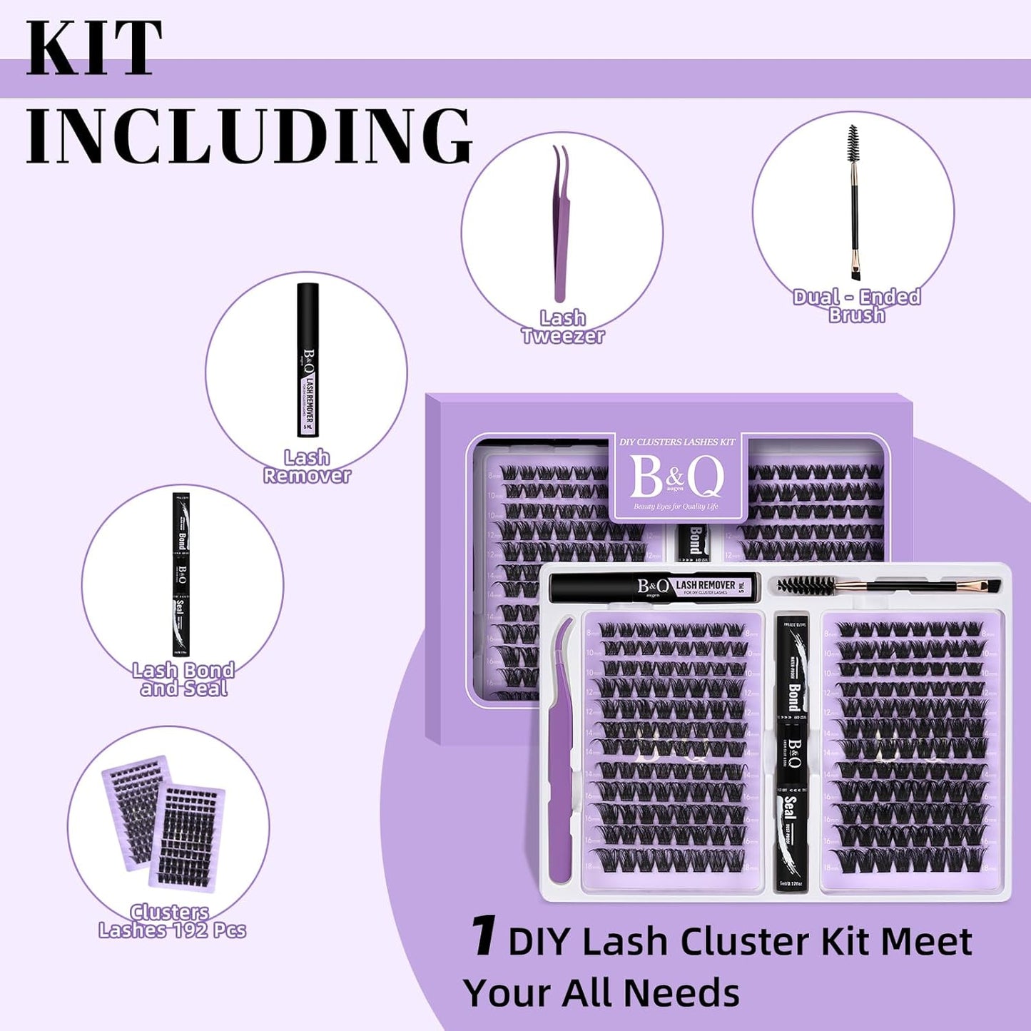 B&Qaugen Lash Extension Kit 192 PCS Eyelash Extension Kit D Curl Lash Clusters Kit Wispy Individual Lash Kit DIY Lash Extension Kit with Lash Glue and Remover Applications (B05+B06, Kit)