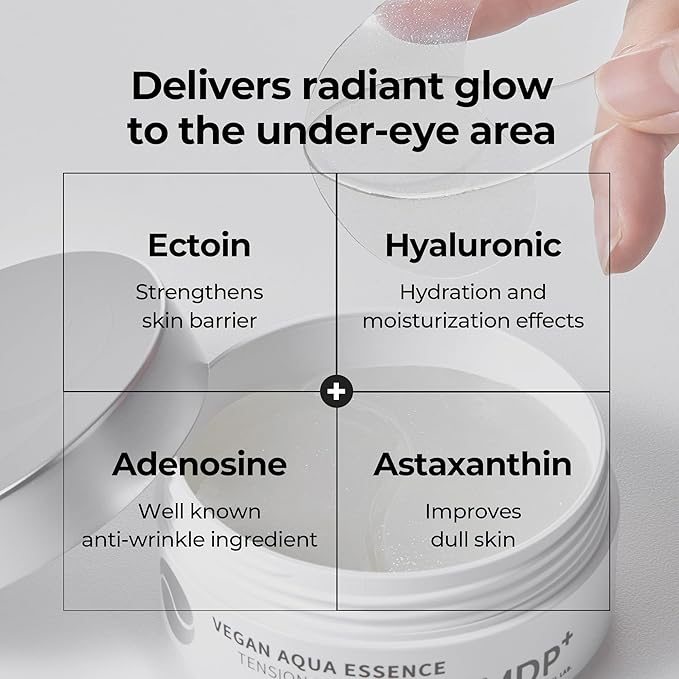 MDP+ PEPTIDE 9 VEGAN AQUA ESSENCE TENSION EYE PATCH, Niacinamide, eye mask 3.38 oz/1.6gx60ea,Hyaluronic Acid, Wrinkle Care, Under Eye Mask, Puffy Eyes, Hydrating Treatment