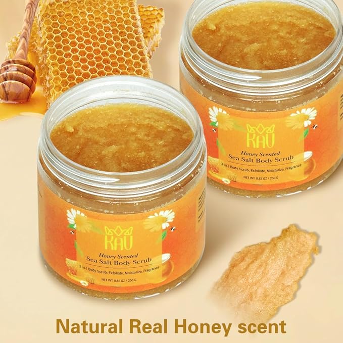 KAV Salt Body Scrub - Natural Exfoliating Salt Scrub for Body and Face, Helps with Moisturizing Skin, Dead Cell Removal, Rejuvenation and Relaxation, 4 Scents (Honey)