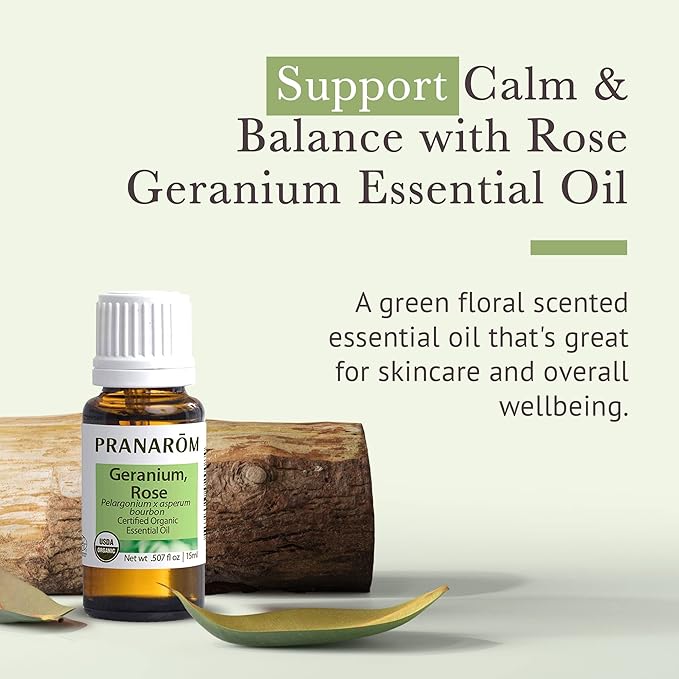 Pranarom USDA Certified Organic Rose Geranium Essential Oil (15ml), 100% Pure Undiluted Therapeutic Grade from Madagascar for Aromatherapy, Diffuser, Skincare, Relaxation, Pure Rose Scent