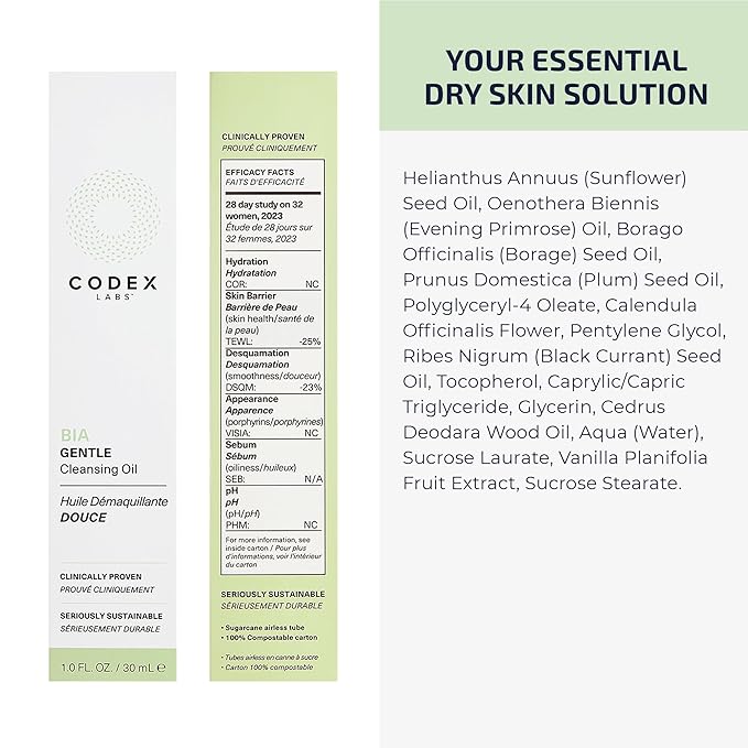 Codex Labs Bia Gentle Cleansing Oil 2.0 - Makeup Remover for Waterproof & Oil-Based Makeup - For Dry, Sensitive Skin, All Skin Types - With Ceramides & Vitamin E - Cruelty-Free, Vegan Skincare (30ml)