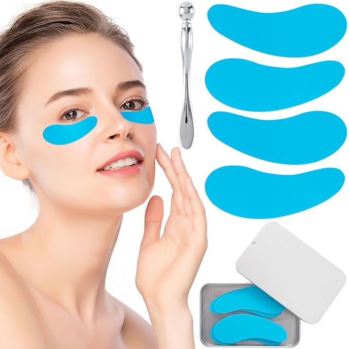 Joez Wonderful Under Eye Patches 2 Pairs, Silicone Reusable Eye Patches, Under Eye Mask for Skin Care Effect to Reduce Wrinkles & Fine Lines, with Metal Eye Cream Applicator, Tin Case (Blue)