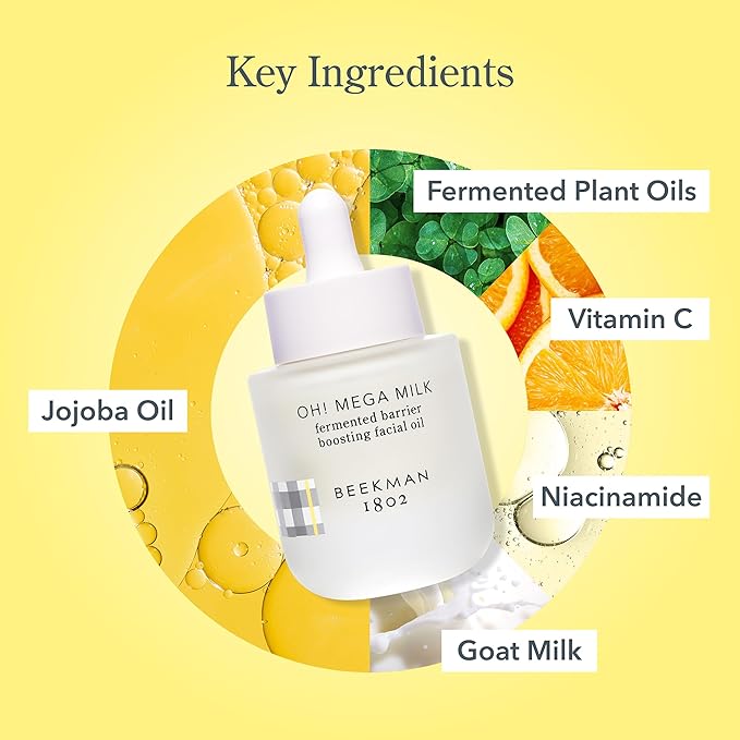 Beekman 1802 Oh Mega Milk Facial Oil - Hydrating Vitamin C & Niacinamide Serum - Repairs Skin Barrier & Reduces Dark Spots From Aging - Fragrance Free, Sensitive Skin Safe