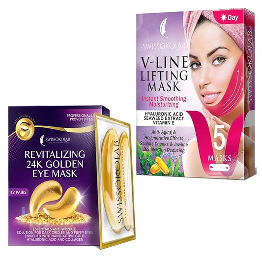 SWISSÖKOLAB Double Chin Reducer V Line Lifting Mask Face Slimming + Under Eye Patches For Puffy Eyes 24k Gold Eye Mask For Dark Circles And Puffiness Collagen Eye Gel Pads…