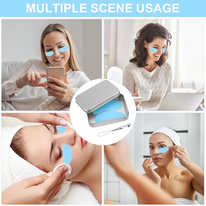 Reusable Eye Patch, Silicone Reusable Eye Gel Pads Eye Wrinkle Patches Under Eye Mask, Plump Fine Lines & Wrinkles with Metal Eye Cream Applicator & Tin Case (Blue)