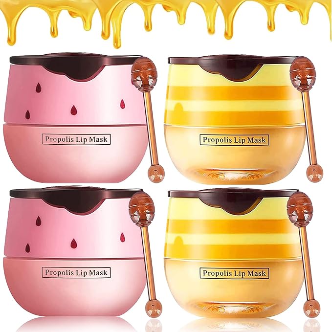 Honey Pot Propolis Lip Mask - 4 Pack (2 Honey + 2 Strawberry) Hydrating Moisturizer for Dry, Cracked Lips