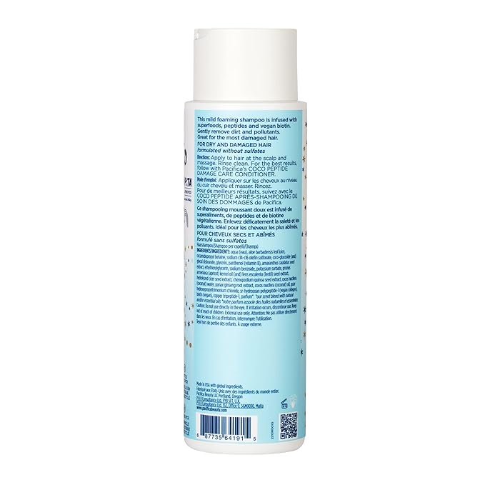Pacifica Coco Peptide Damage Care Shampoo – Repairing Sulfate-Free Shampoo for Damaged Hair, Split Ends & Breakage, w/Collagen & Peptides Silicone-Free Clean Vegan & Cruelty-Free Dermatologist Tested