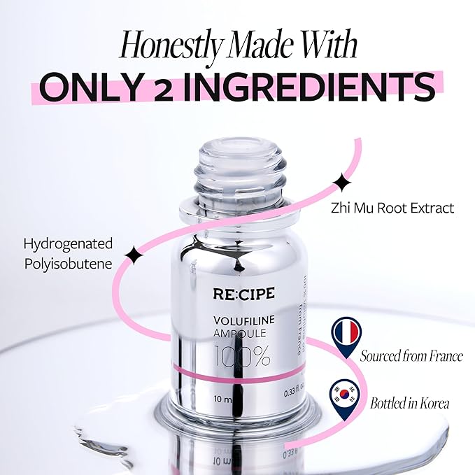 RECIPE Volufiline 100% Ampoule - Pure Volufiline Serum from Sourced from Sederma, France - DIY Skin Care Booster for Face & Body – Hydrating & Age-Defying Formula for Elevated Resilience (0.33 fl oz)