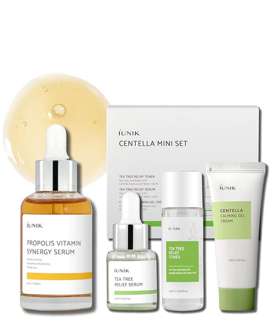 iUNIK Centella Mini Set, Travel Friendly Skincare Set, Ultra calming and hydrating for sensitive skin: Tea Tree Relief Toner,Serum, Centella Calming Gel with Serum