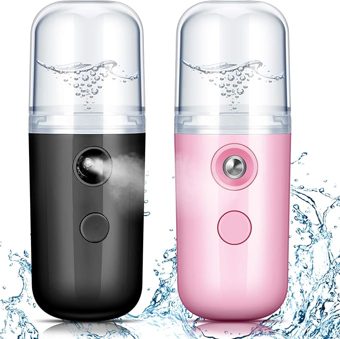 Honoson 2 Pieces Nano Facial Mister 30 ml Mini Face Humidifier Portable Facial Sprayer USB Rechargeable Handy Skin Care Machine for Face Hydrating, Daily Makeup (Black and Pink)