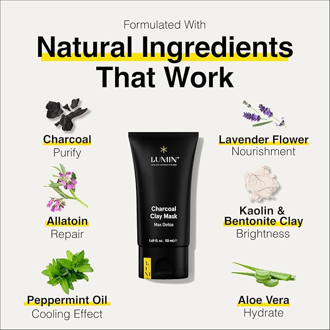 Lumin - Charcoal Clay Mask Max Detox for Men - Prevent Blackheads, Shrink Pore Appearance, Made with Kaolin and Bentonite Clay, Gentler Than Pore Strips, Suitable for All Skin Types, 50ml
