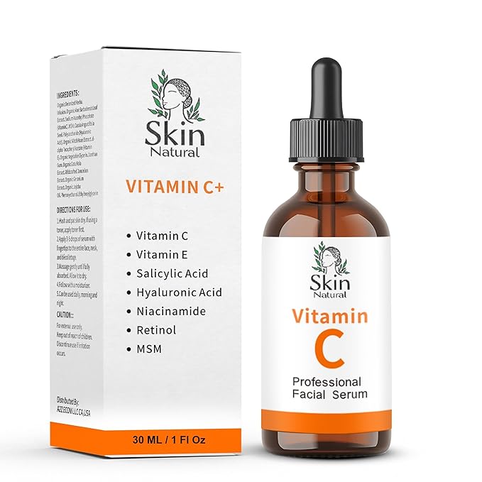 Skin Natural's Vitamin C Facial Serum - Anti-Aging, Brightening & Hydrating - Hyaluronic Acid, Retinol & Vit E - Fades Dark Spots - for All Skin Types, 1 fl Oz (1 Fl Oz)