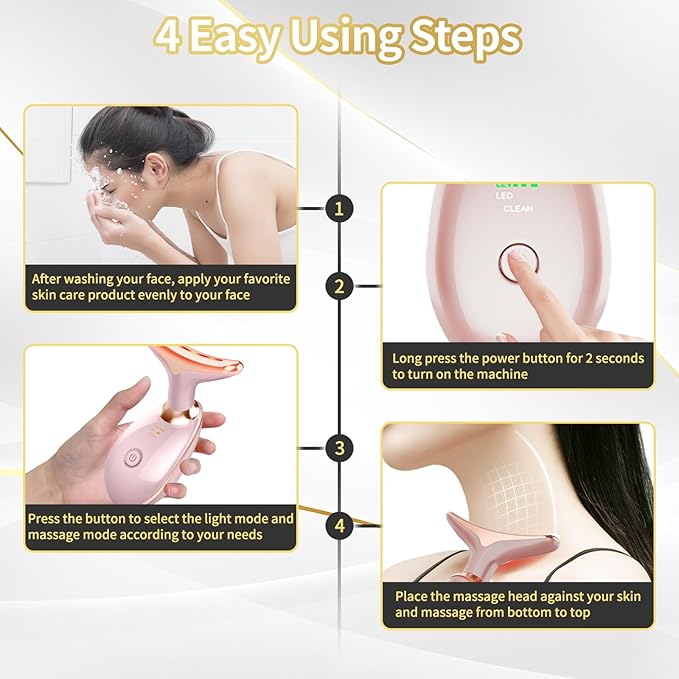 Face Light Therapy Device, Based on Triple Action LED, Thermal, and Vibration Technologies, Face and Neck Beauty Device with 7 Color LED for Home Use, Improve Skin(Glossy Pink)