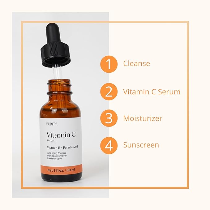 Purify 20% Vitamin C Serum - with Vitamin E & Ferulic Acid - Anti Aging - Brightening Face Serum - Pure Vit C for Dark Spots Correcting, Uneven Skin Tone, Wrinkles, Glow - 1 fl oz.