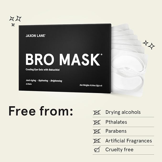 BRO MASK Under Eye Gel Pads: Cooling Eye Patches for Dark Circles and Puffiness | Anti Aging Hydrogel Eye Patch Set w/ Bakuchiol, Green Tea, Hyaluronic Acid, Caffeine, Niacinamide/Vitamin B3 -6 Pairs