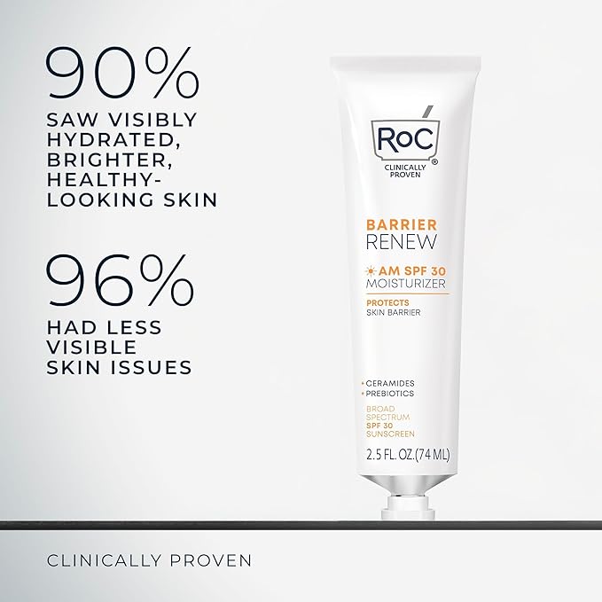 RoC Barrier Renew Day Cream with SPF 30, Moisturizer with Ceramides & Prebiotics to Protect Skin Barrier, (2.5 oz) with Retinol Eye Cream Packette