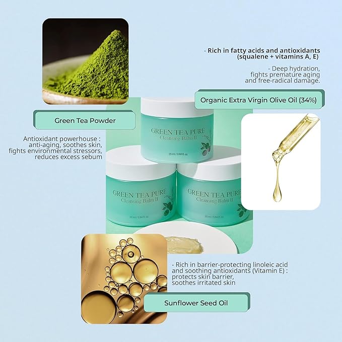 YADAH Green Tea Cleansing Balm II (0.84fl oz) - Makeup Remover, Moisturizing, Residue-Free. Korean Skin Care. Vegan, For Sensitive Skin, Botanical oil extract.