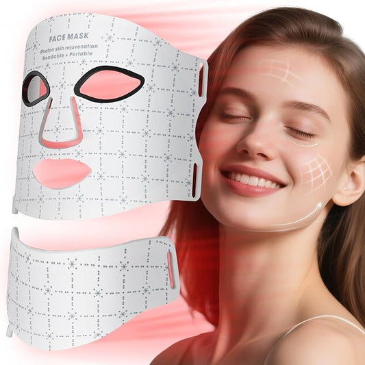 Red Light Mask for Face and Neck - Facial Skin Care Device, Portable, Lightweight, Rechargeable and Ergonomic Design for Home (White)