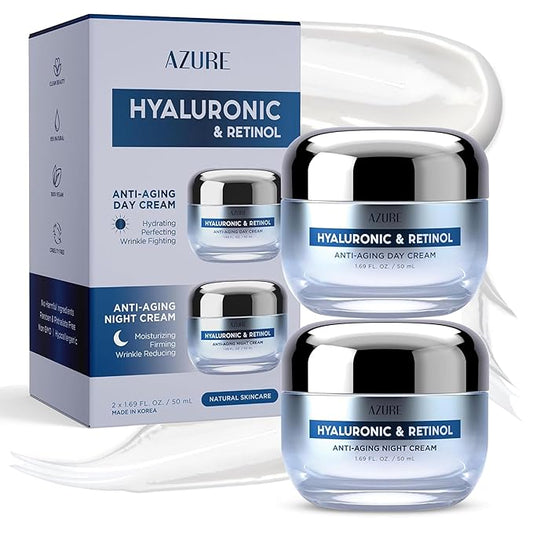 Azure Cosmetics Dermatologist Tested Hyaluronic & Retinol Day & Night Face Moisturizer - K Beauty Anti-Aging Cream for Dark Spot Corrector & Wrinkle Repair, Korean Skincare - All Skin Type 1.69 fl oz