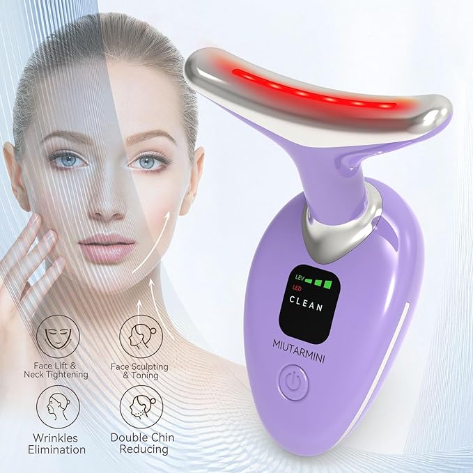 Facial & Neck Massager with Red Light Therapy | 7-Color LED Face Sculpting Wand | at-Home Skincare Tool for Women (Purple)