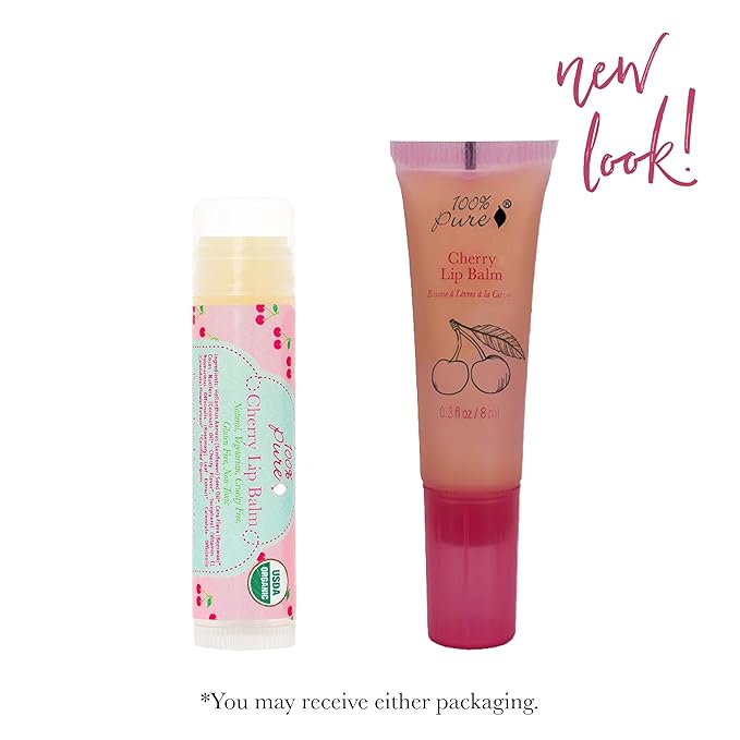 100% PURE Organic Cherry Lip Balm, Moisturizing, Soothing for Dry, Chapped Lips, Made w/Coconut Oil, Vitamin E, Natural Lip Balm - 0.4 oz